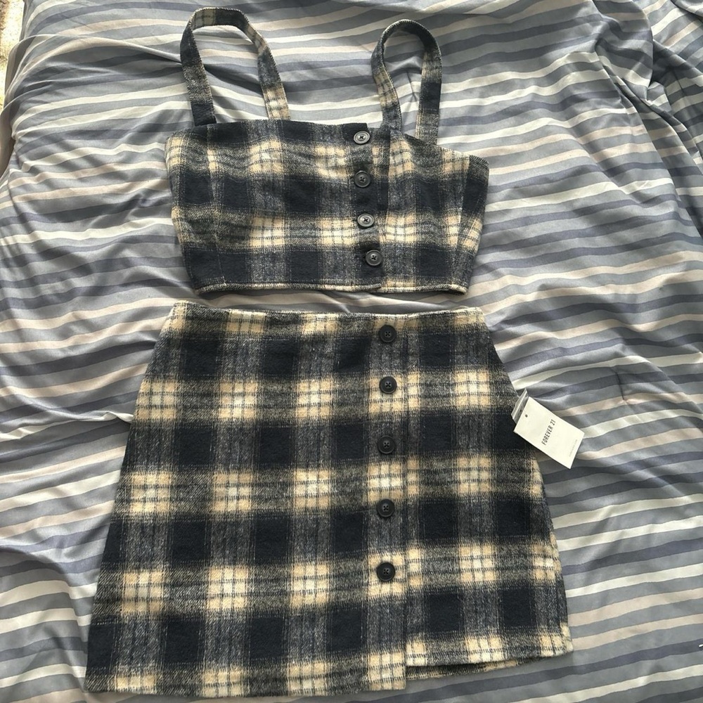 Plaid Button-Front Crop Top and Skirt Set